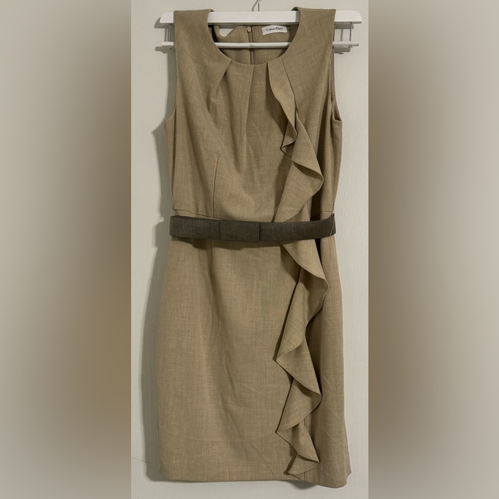 Calvin Klein Tan Ruffle Sheath Dress